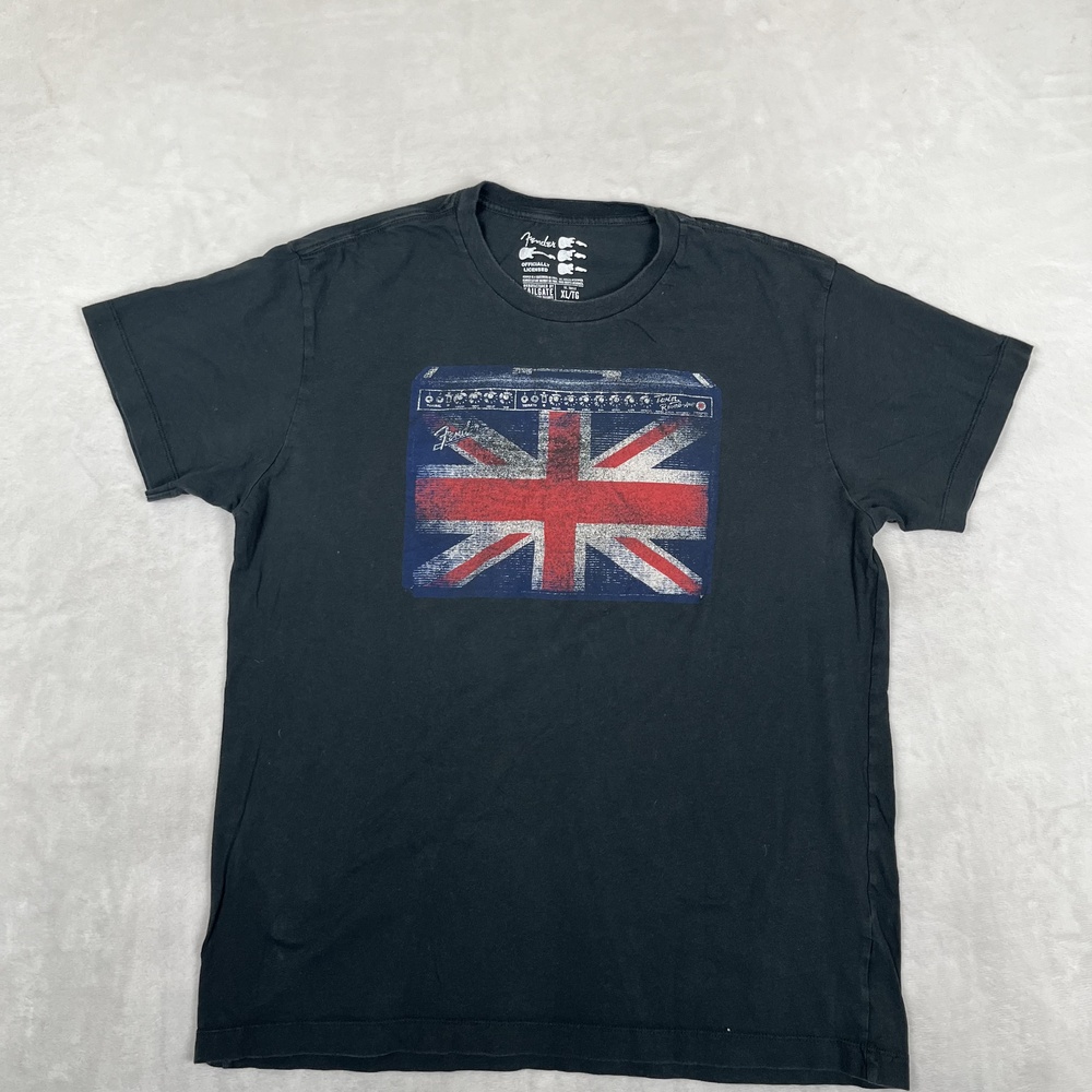 Fender T-Shirt Mens XL Black Union Jack Flag Amp Guitar Graphic Tee Music